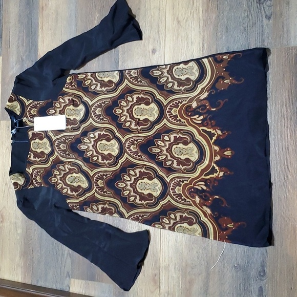 Nwt French Connection silk filigree pattern brown black bell sleeve mini dress - Picture 1 of 5